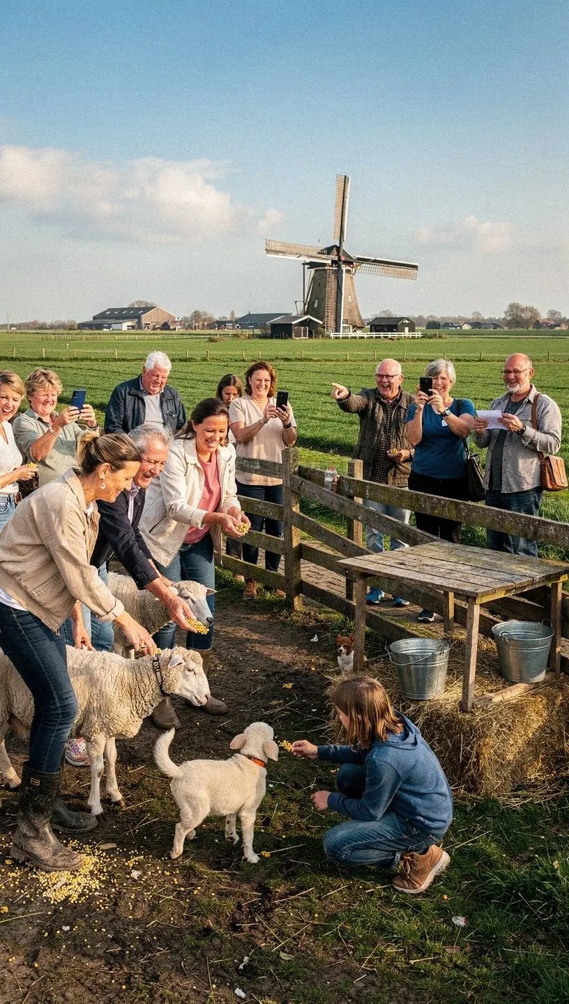 Een boerderij met grazende koeien in een groene weide onder een blauwe lucht.