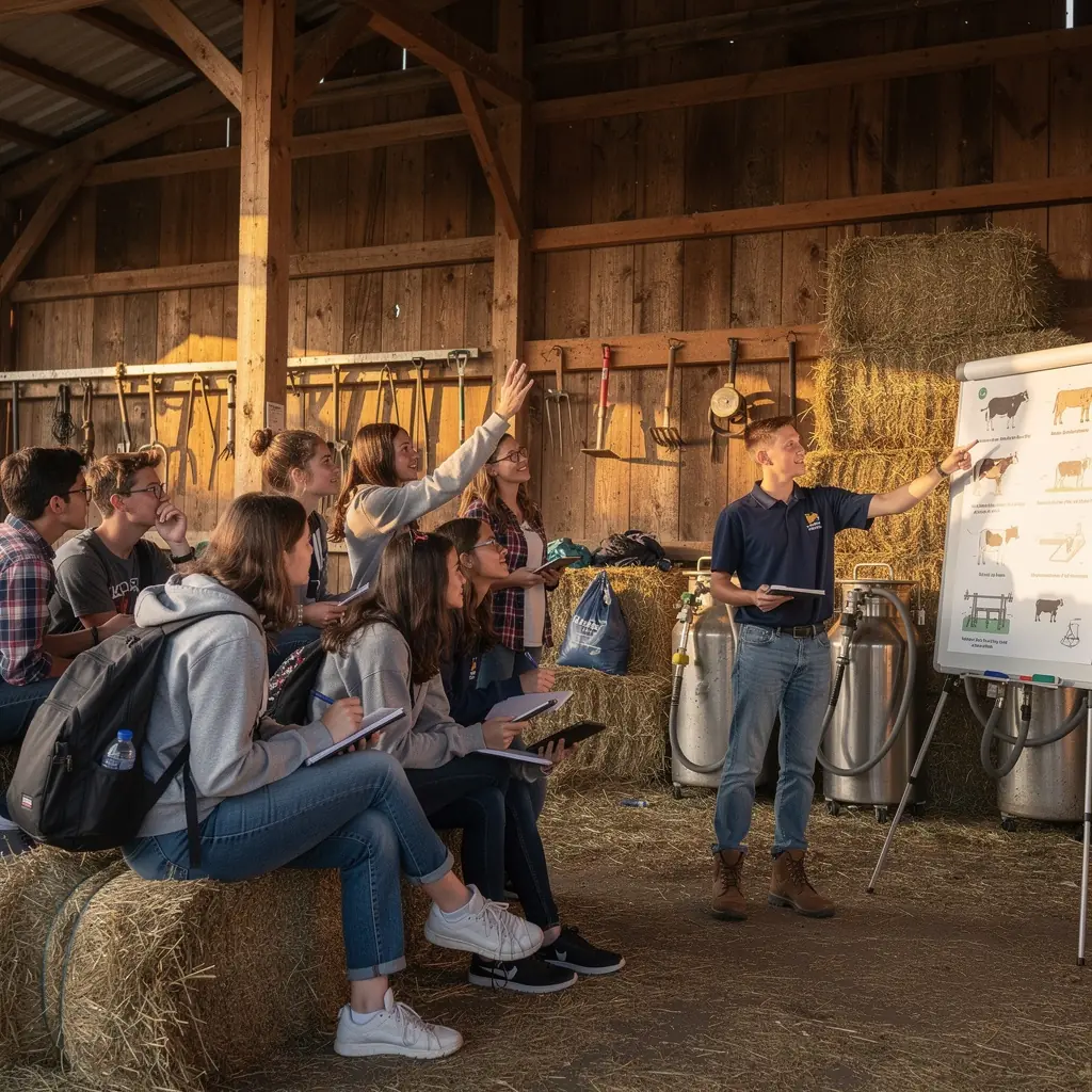 Familie die samen een rondleiding krijgt op de boerderij, met een boer die uitleg geeft.